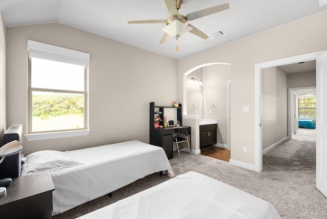 397 Arapaho Dr, Kyle, TX 78640 - bedroom with visible vents, lofted ceiling, ensuite bathroom, carpet floors, and baseboards