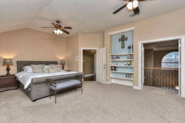 bedroom with visible vents, lofted ceiling, a ceiling fan, carpet floors, and baseboards