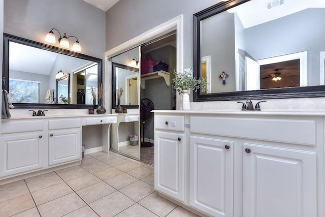 bathroom featuring vanity, tile patterned floors, a ceiling fan, and visible vents