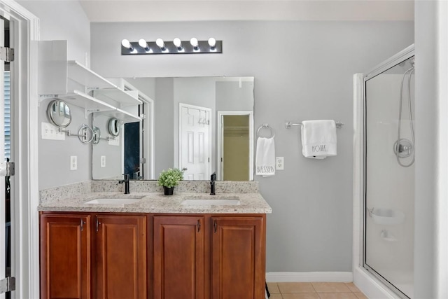 2700 Tumbling River Dr, Leander, TX 78641 - full bath featuring tile patterned floors, a stall shower, double vanity, and baseboards
