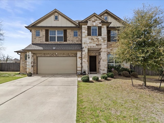 700 Carillion Dr, Pflugerville, TX 78660 - view of front facade featuring board and batten siding, fence, a front yard, a garage, and driveway
