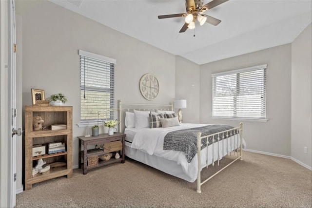 bedroom featuring carpet, baseboards, and ceiling fan