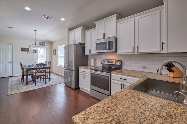 kitchen featuring a sink, visible vents, appliances with stainless steel finishes, and white cabinetry