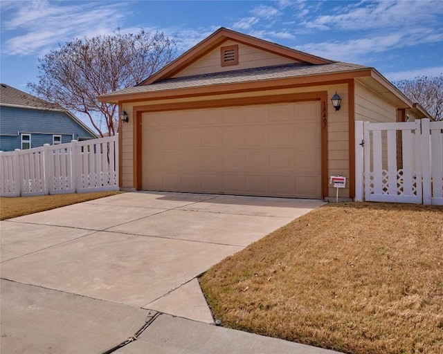 view of front of house featuring a shingled roof, an outdoor structure, a front lawn, and fence