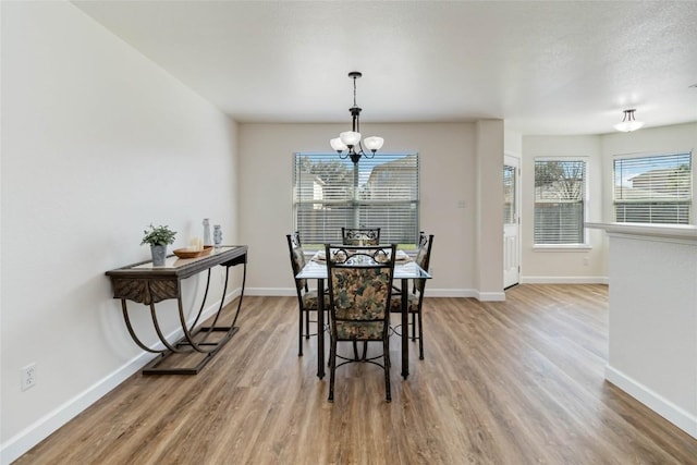 dining room featuring a notable chandelier, wood finished floors, plenty of natural light, and baseboards