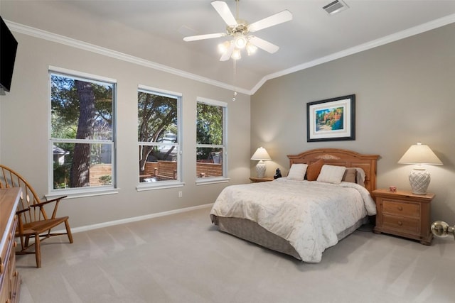 bedroom with light carpet, baseboards, and ornamental molding