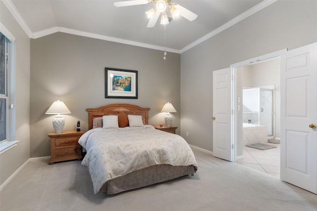 bedroom with light colored carpet, baseboards, and ornamental molding