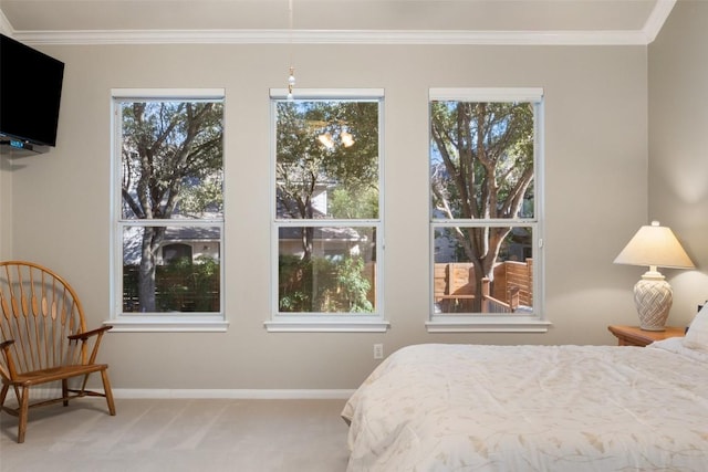 carpeted bedroom with baseboards and ornamental molding