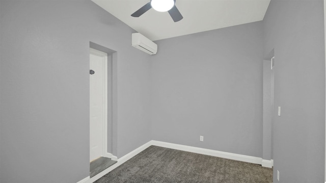 unfurnished room featuring baseboards, dark colored carpet, a wall mounted air conditioner, and ceiling fan