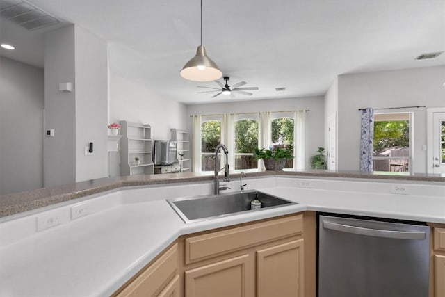 kitchen with a sink, visible vents, plenty of natural light, and stainless steel dishwasher