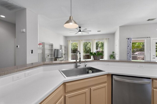 709 Stevenage Dr, Pflugerville, TX 78660 - kitchen featuring dishwasher, plenty of natural light, a ceiling fan, light countertops, and recessed lighting