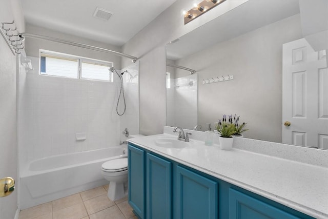 bathroom with vanity, visible vents, shower / bathing tub combination, tile patterned floors, and toilet