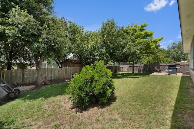 view of yard featuring central air condition unit, a patio area, and a fenced backyard