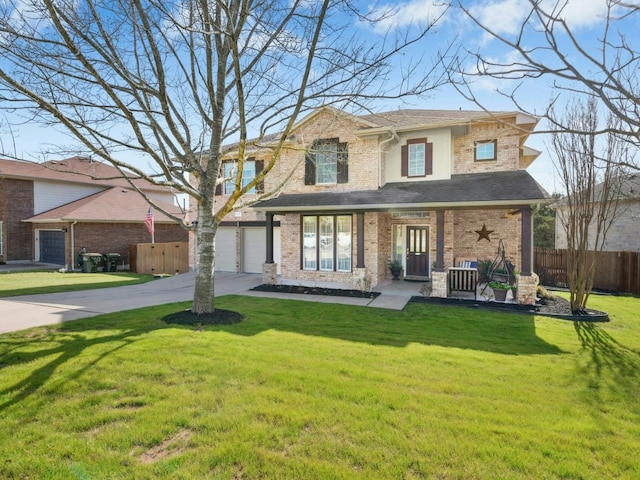 view of front of property featuring brick siding, driveway, a front lawn, and fence