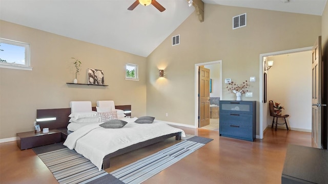 bedroom featuring visible vents, multiple windows, and baseboards