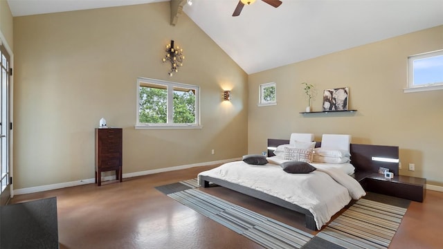 bedroom featuring beamed ceiling, multiple windows, and baseboards