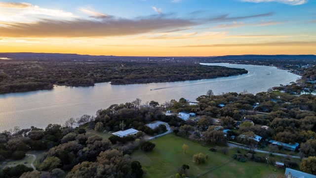 aerial view at dusk with a view of trees and a water view