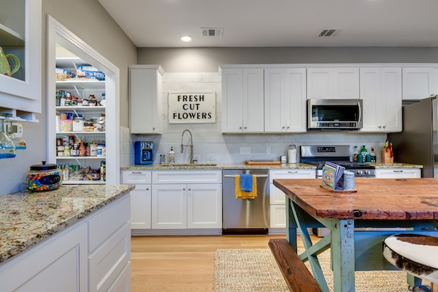 kitchen featuring white cabinets, visible vents, appliances with stainless steel finishes, and a sink