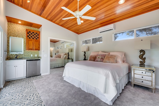 bedroom with a sink, wooden ceiling, lofted ceiling, and a wall mounted AC