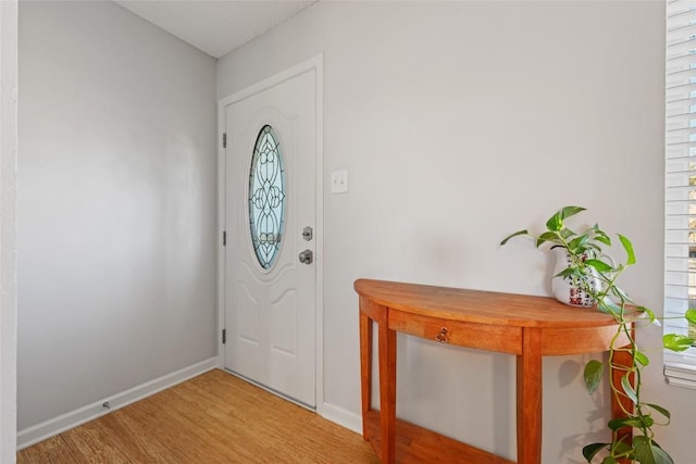 foyer entrance featuring baseboards and wood finished floors