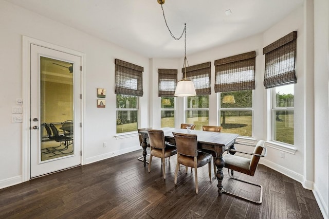 dining space with dark wood-style floors, baseboards, and a wealth of natural light