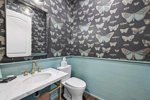 half bathroom featuring a wainscoted wall, toilet, and vanity