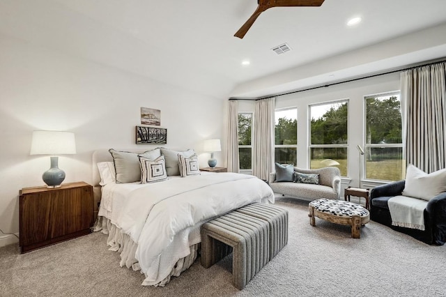 carpeted bedroom with recessed lighting, visible vents, and ceiling fan