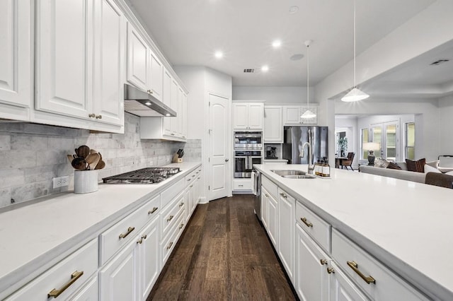 kitchen with under cabinet range hood, a sink, white cabinetry, stainless steel appliances, and light countertops