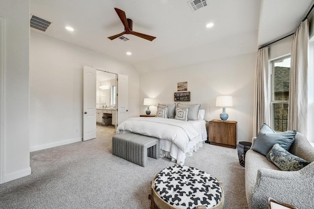 bedroom featuring recessed lighting, visible vents, baseboards, and carpet