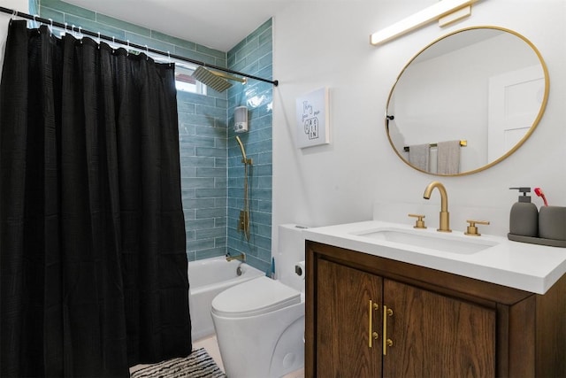 full bathroom featuring shower / bathtub combination with curtain, toilet, and vanity