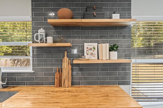 interior details featuring open shelves and wood counters