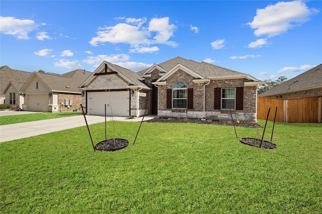 view of front facade with a front yard, fence, driveway, a garage, and brick siding