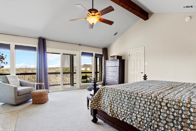 carpeted bedroom with access to exterior, beamed ceiling, high vaulted ceiling, and visible vents