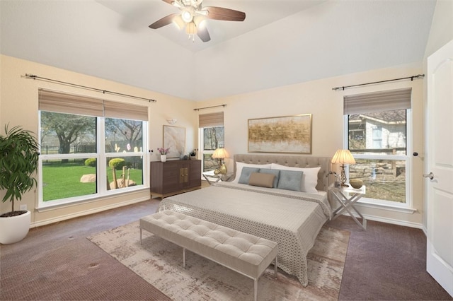 194 Brushy Creek Trl, Hutto, TX 78634 - carpeted bedroom featuring multiple windows, high vaulted ceiling, a ceiling fan, and baseboards