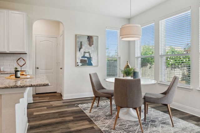 dining room with dark wood-style floors, baseboards, and arched walkways