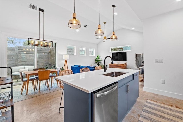 kitchen with visible vents, lofted ceiling, a sink, light countertops, and stainless steel dishwasher