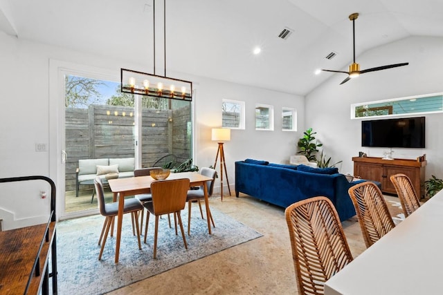 dining room with lofted ceiling, recessed lighting, visible vents, and ceiling fan