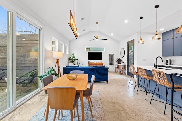 dining area featuring visible vents, concrete floors, lofted ceiling, recessed lighting, and ceiling fan