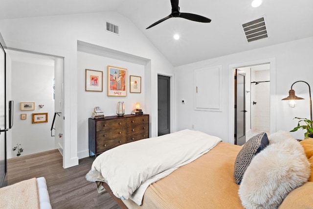 bedroom with recessed lighting, visible vents, lofted ceiling, and wood finished floors