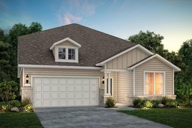 view of front facade with concrete driveway, board and batten siding, and roof with shingles