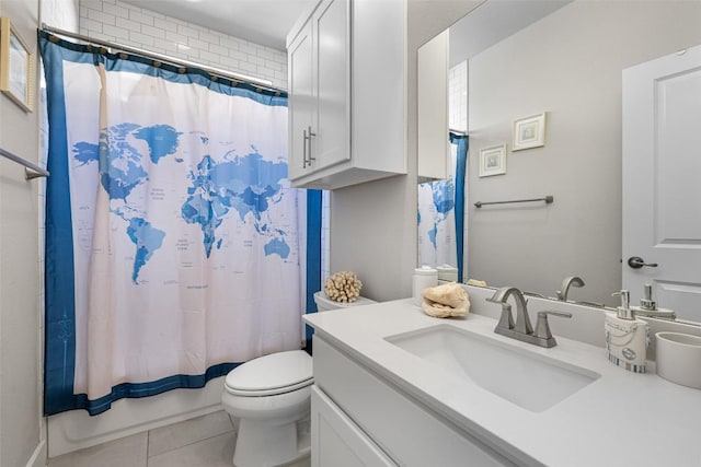 2505 Moreno St, Austin, TX 78723 - bathroom featuring tile patterned floors, toilet, vanity, and shower / bath combination with curtain