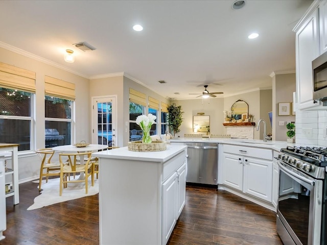 kitchen featuring visible vents, appliances with stainless steel finishes, dark wood-type flooring, and a sink