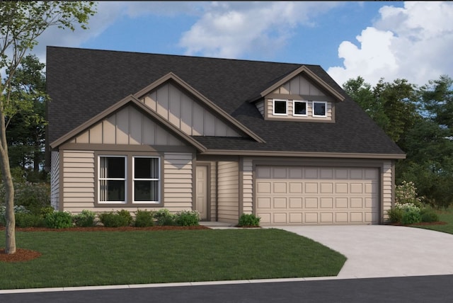 craftsman-style home with a front yard, board and batten siding, driveway, and a shingled roof