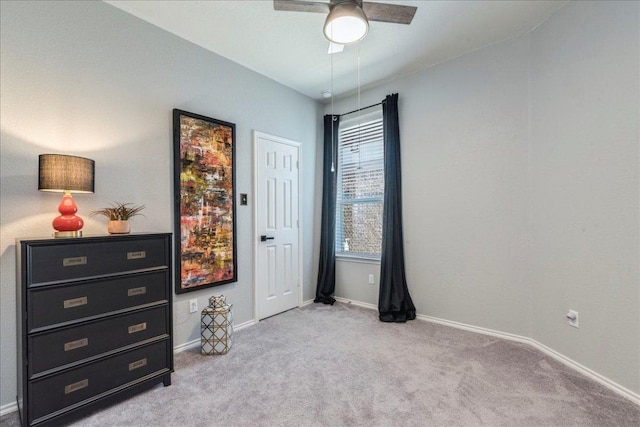 bedroom with carpet flooring, ceiling fan, and baseboards