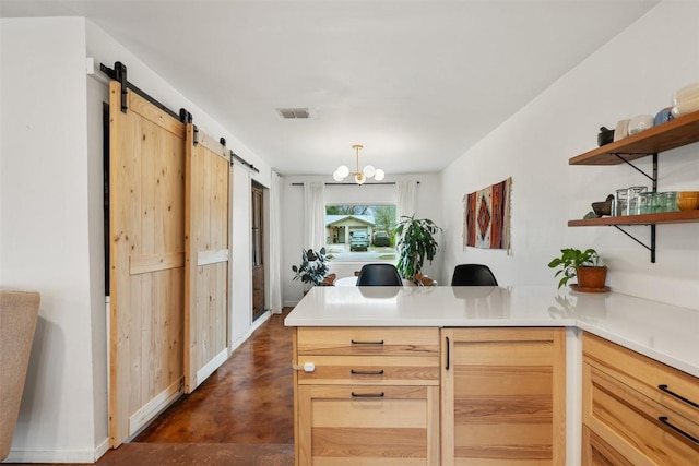 kitchen with beverage cooler, finished concrete flooring, a peninsula, open shelves, and a barn door