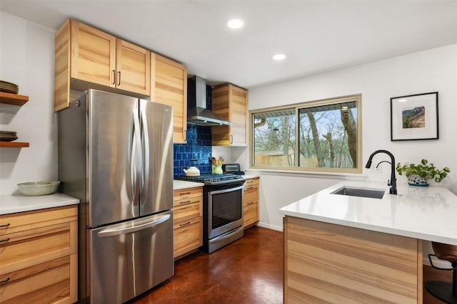 kitchen featuring open shelves, finished concrete flooring, wall chimney range hood, stainless steel appliances, and a sink