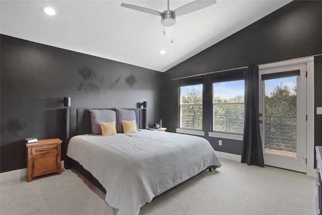 1503 Sharps Rd, Austin, TX 78734 - bedroom featuring vaulted ceiling, access to outside, light carpet, recessed lighting, and ceiling fan