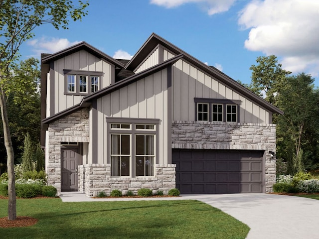 view of front of home with driveway, a front lawn, stone siding, board and batten siding, and a garage