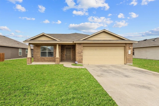 ranch-style home featuring a garage, driveway, brick siding, and a front lawn