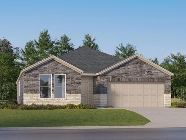 view of front of property featuring driveway, a front lawn, stone siding, a garage, and brick siding